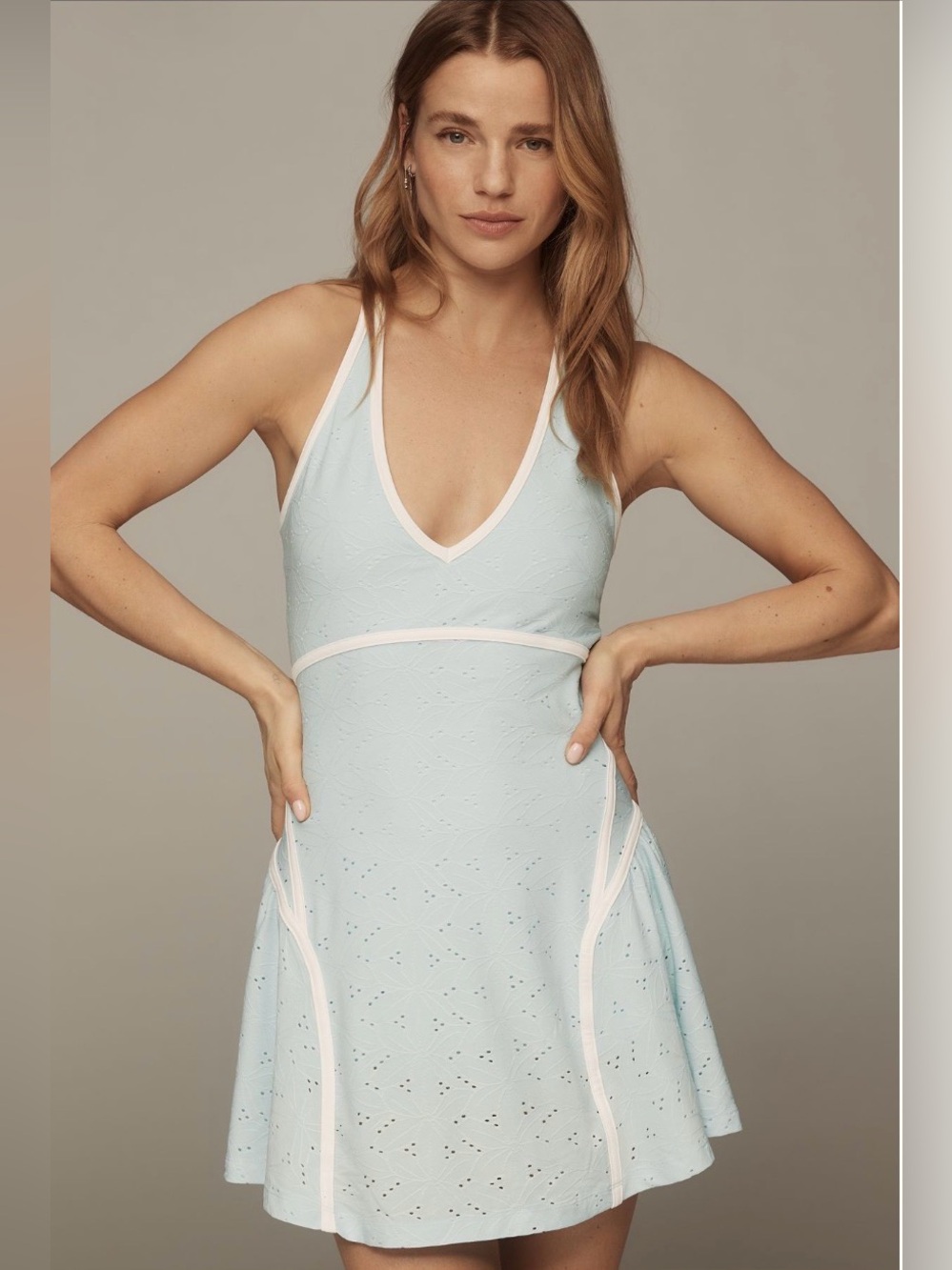 Anthropologie Light Blue Eyelet V-Neck with Contrast Trim